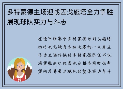多特蒙德主场迎战因戈施塔全力争胜展现球队实力与斗志