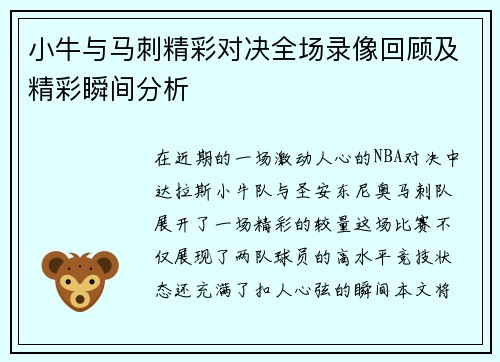 小牛与马刺精彩对决全场录像回顾及精彩瞬间分析